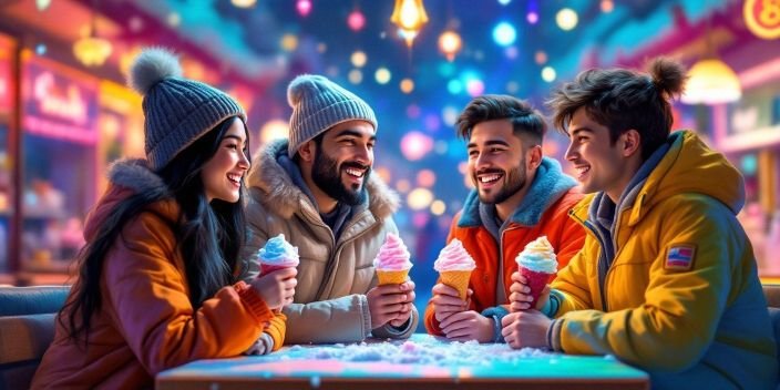 goup of people enjoying ice cream catering for winter indoor event in Boston